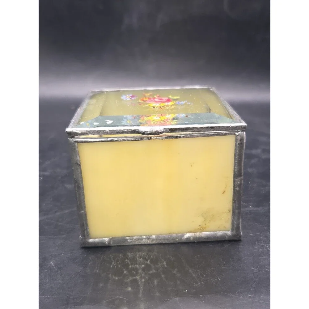 Vtg Glass Metal Leaded Trinket Jewelry Box Hinged Stained Glass Mirror Bottom